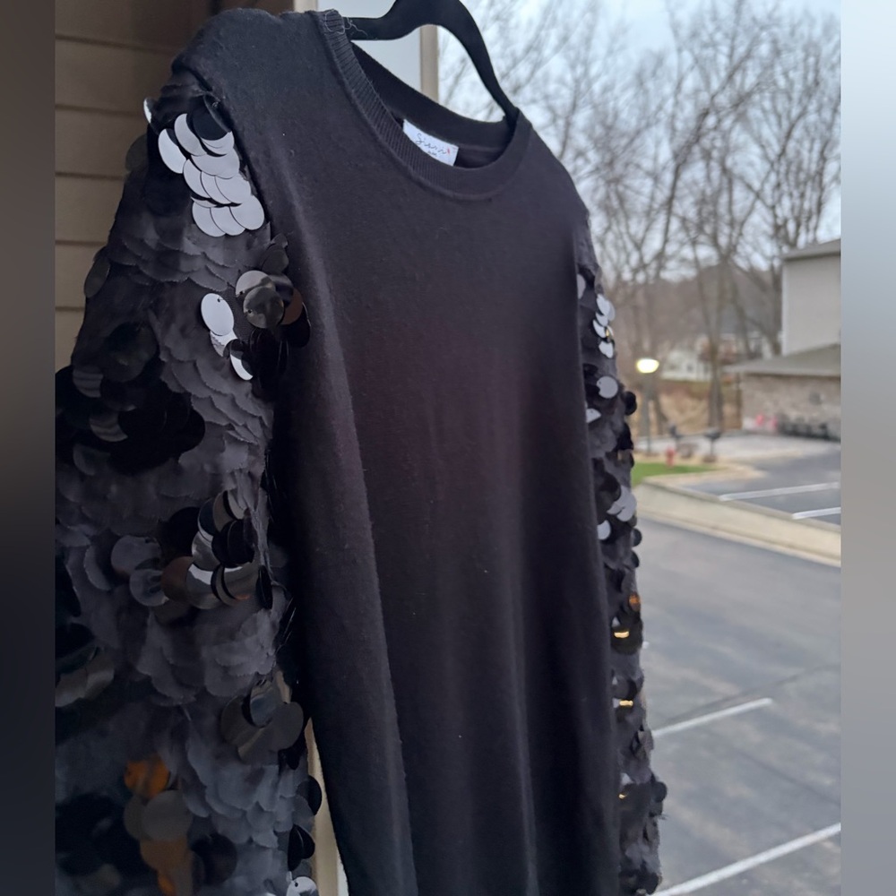 🆕 🇩🇪 Sioni Black Sequin Balloon Sweater Top M Statement Party Glam Pullover Knit - Picture 6 of 12